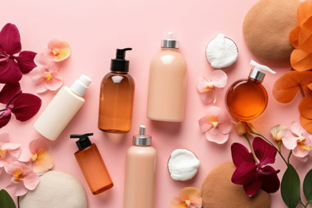 Natural cosmetic products at color pink background. Top view image, flat lay. Generative AI.の素材