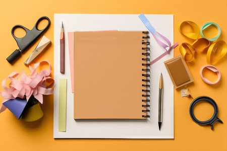 Flat lay blank paper sheet, notebooks, clips orange background. Generative AI.の素材