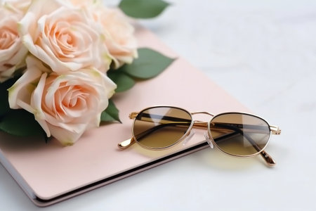 Workplace women sunglasses, flowers. Flat lay. Generative AI.の素材