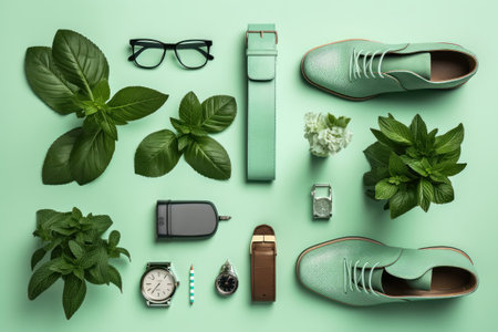 Fresh green mint leaves with accessories flat lay background. Generative AI.の素材