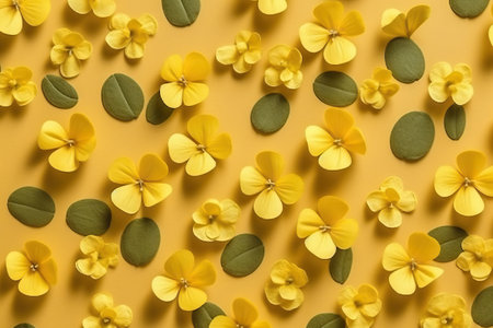 Pattern made of yellow flowers background,  flat lay. Generative AI.の素材