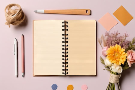 Flat lay blank paper sheet, notebooks, clips background. Generative AI.の素材