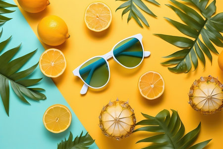 Summer background sunglasses lemon leaves flat lay. Generative AI.の素材