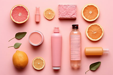 Beautiful composition with cosmetics fruits flowers on pink background, flat lay. Generative AI.の素材