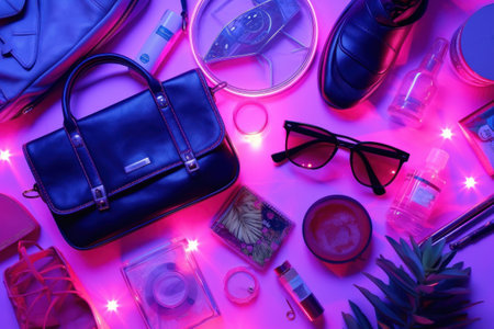 Neon light accessories items flat lay background. Generative AI.の素材