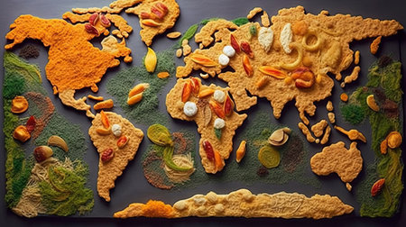 World map in food background. Generative AI.の素材