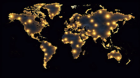 World map in night background. Generative AI.の素材