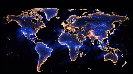 World map in night background. Generative AI.の素材