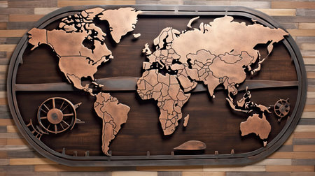World map wooden background. Generative AI.の素材