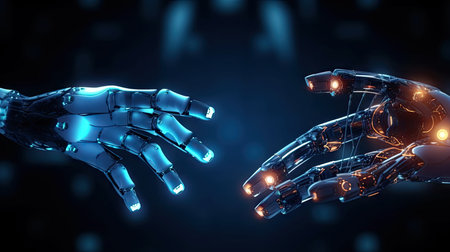 Robots hands touch each other. Generative AI.の素材