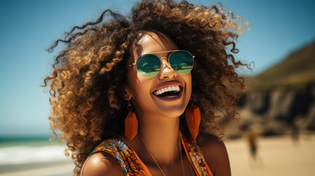 Beautiful african american woman with afro hairstyle and sunglasses on the beach. Generative AI.の素材