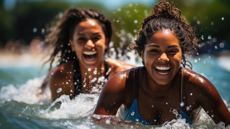 Close-up portrait of two young dark skinned women splashing in the water. Generative AI.の素材