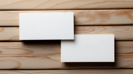 Blank business cards on wooden background. Mockup for branding identity. Generative AI.の素材