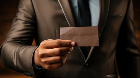Close-up of businessman holding blank business card with copy space. Generative AI.の素材