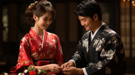 Young asian couple in traditional japanese kimono. Generative AI.の素材