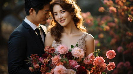 Asian bride and groom on the background of a blooming garden. Generative AI.の素材