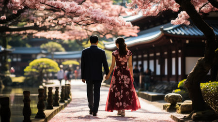 Asian couple in love walking in japanese garden with cherry blossom trees in wedding day. Generative AI.の素材