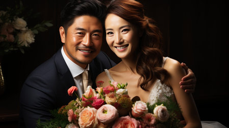 Portrait of a happy asian bride and groom posing with flowers in their wedding day. Generative AI.の素材