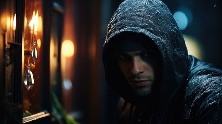 Portrait of a robber man in a hood on the street at night. Generative AI.の素材