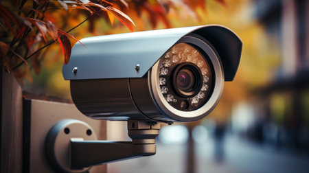 CCTV security camera on the street. Close up. Generative AI.の素材