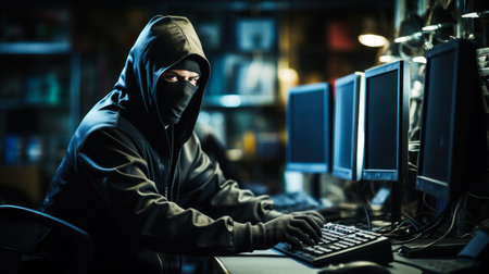 Hacker in hood stealing data from computer. Cybercrime concept. Generative AI.の素材