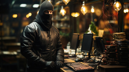 Hacker in a black mask stealing data from a computer at night. Generative AI.の素材
