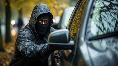 Hooded robber man in a black balaclava and mask stealing car. Generative AI.の素材