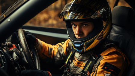Racing driver in helmet and sportswear driving a race car. Generative AI.の素材