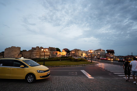 Street and taxi of old town Nessebar, Bulgaria.の写真素材