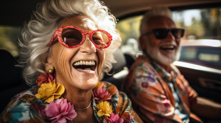 Portrait of senior couple smiling while sitting driving in car. Generative AI.の素材