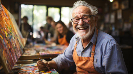 Senior artist painting a picture in his studio with his friends in the background. Generative AI.の素材