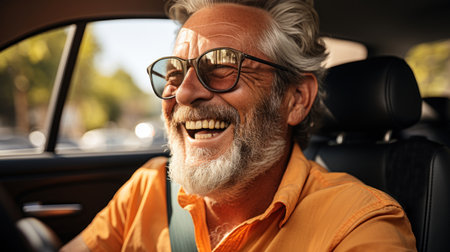 Portrait of smiling senior man in eyeglasses driving his car. Generative AI.の素材