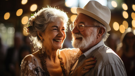 Portrait of happy senior couple dancing together in restaurant. They are looking at each other and smiling. Generative AI.の素材