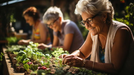 Portrait of happy senior woman holding seedlings in garden at home. Generative AI.の素材