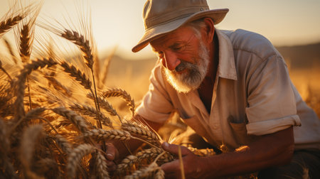 Senior farmer in wheat field at sunset. Mature man in hat checking ripening ears of wheat. Generative AI.の素材