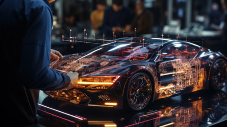 Side view of a man's proect virtuality a modern sports car on a dark background. Generative AI.の素材