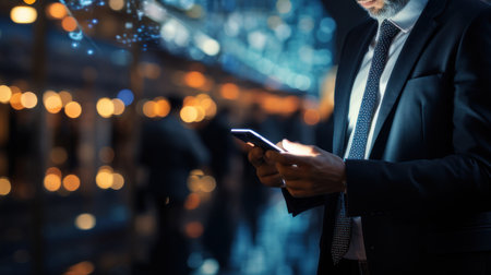 Businessman using smartphone in the city at night. Business concept. Generative AI.の素材