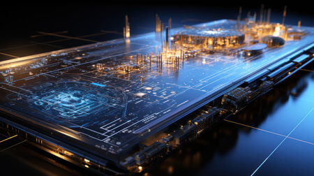 Abstract technology concept with circuit board and microchip. Generative AI.の素材