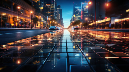 The light trails on the modern building background. Generative AI.の素材