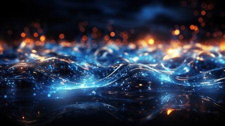 Abstract blue background with glowing lines and bokeh. Generative AI.の素材