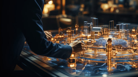 Close-up of engineer working on model of city. Mixed media. Generative AI.の素材