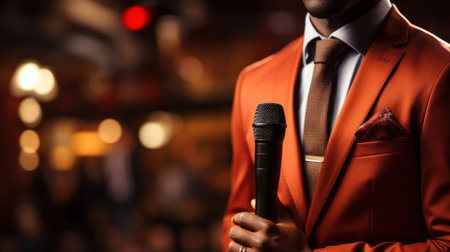 Male african american journalist with microphone on stage, closeup. Generative AI.の素材