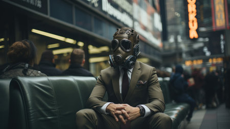 Businessman wearing gas mask sitting in a bus stop in the city. Generative AI.の素材
