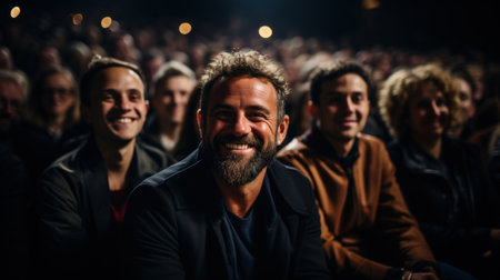 Portrait of a man with a beard sitting in front of a crowd. Generative AI.の素材
