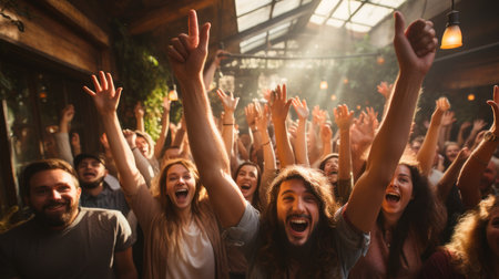 Group of happy friends having fun at a music festival in a pub. Generative AI.の素材