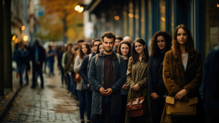 Large group of people waiting in line in city. Generative AI.の素材