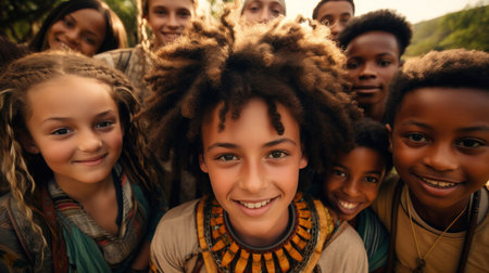 Group of smiling multiethnic kids looking at camera. Generative AI.の素材