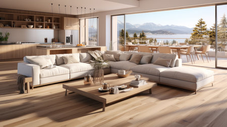 Modern living room interior with a sea view. Generative AI.の素材