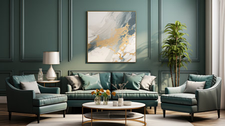 Interior of classic living room with blue armchairs, coffee table and paintings on the wall. Generative AI.の素材