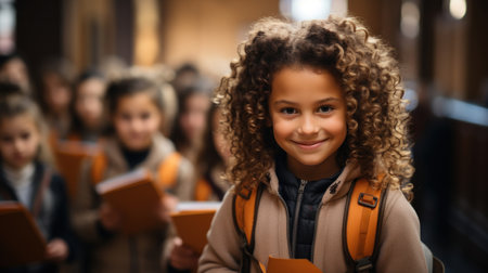 Portrait of smiling schoolgirl with backpack standing in hallway of school. Generative AI.の素材